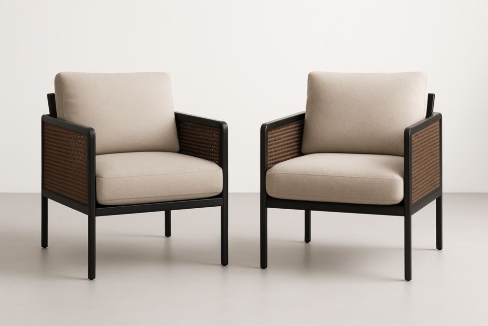 Ensemble de 2 fauteuils en acier et tissu cannage Noir/Brun/Beige 75x80x85cm