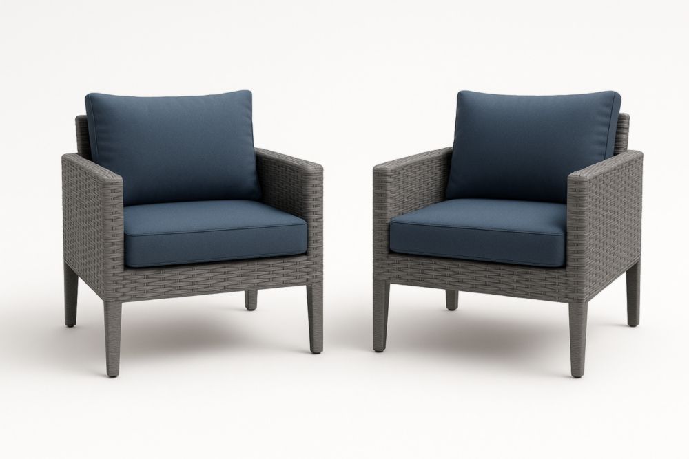 Ensemble de 2 fauteuils en résine tressée gris avec coussins bleu