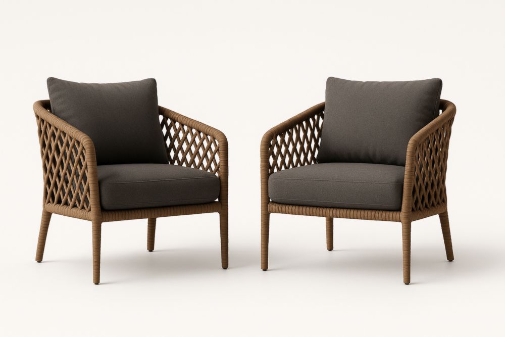 Ensemble de 2 fauteuils en corde tressée avec coussins gris, hauteur 80 cm