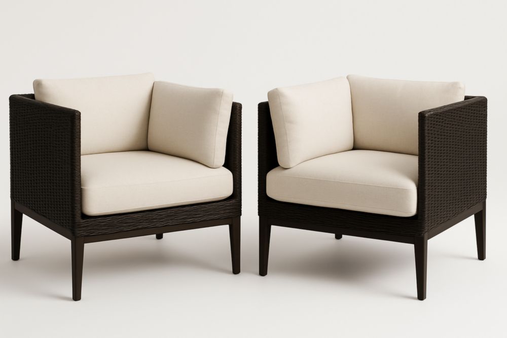 Fauteuils d'Extérieur en Rotin Synthétique Noir avec Coussins en Polyester Beige