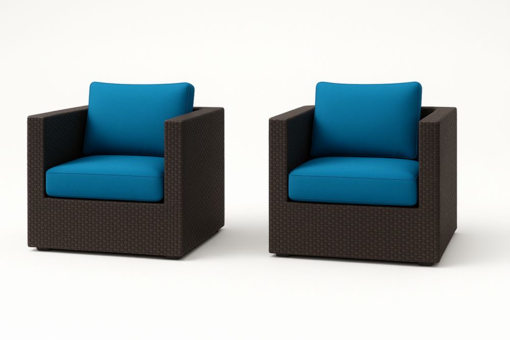 Fauteuil de jardin en résine tressée marron avec coussins bleus 70x70x75cm lot de 2