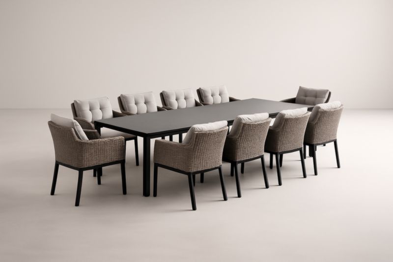 Ensemble Extérieur Table Aluminium Noir et 10 Chaises Rotin Synthétique Coussins Beige