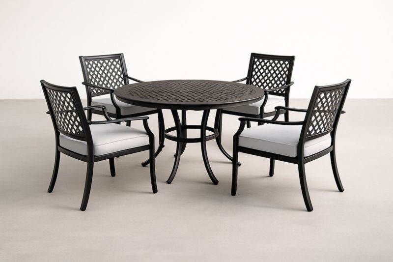 Ensemble de salle à manger extérieure aluminium noir table ronde 122 cm avec 4 chaises et coussins