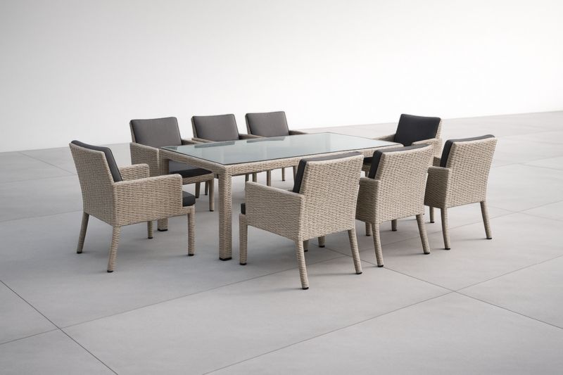 Ensemble de Table et Chaises en Résine avec Plateau en Verre pour 8 Personnes