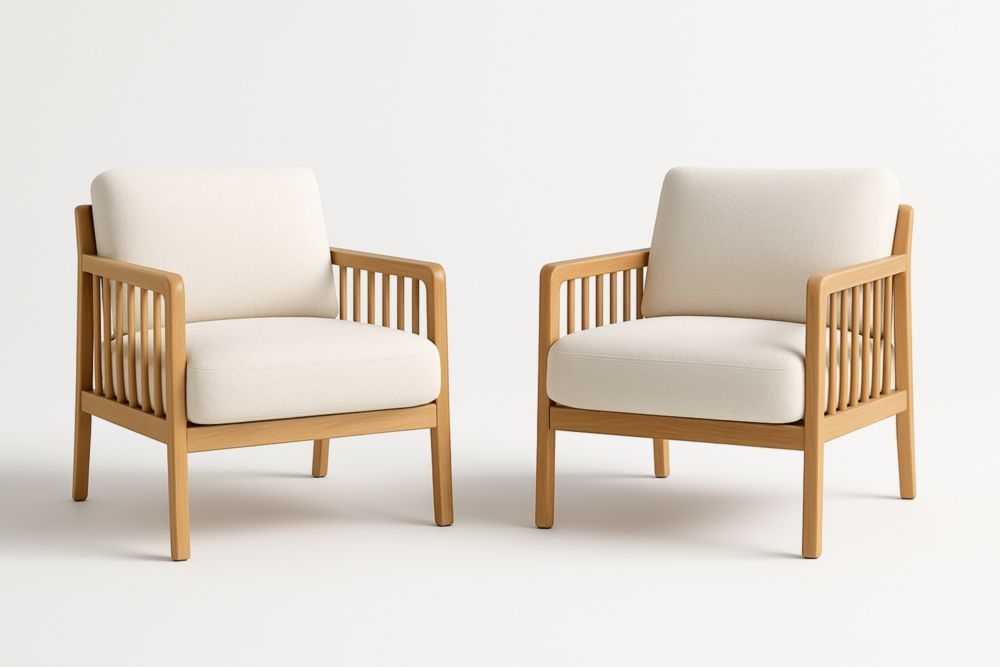 Ensemble de 2 fauteuils en bois de hêtre et tissu crème