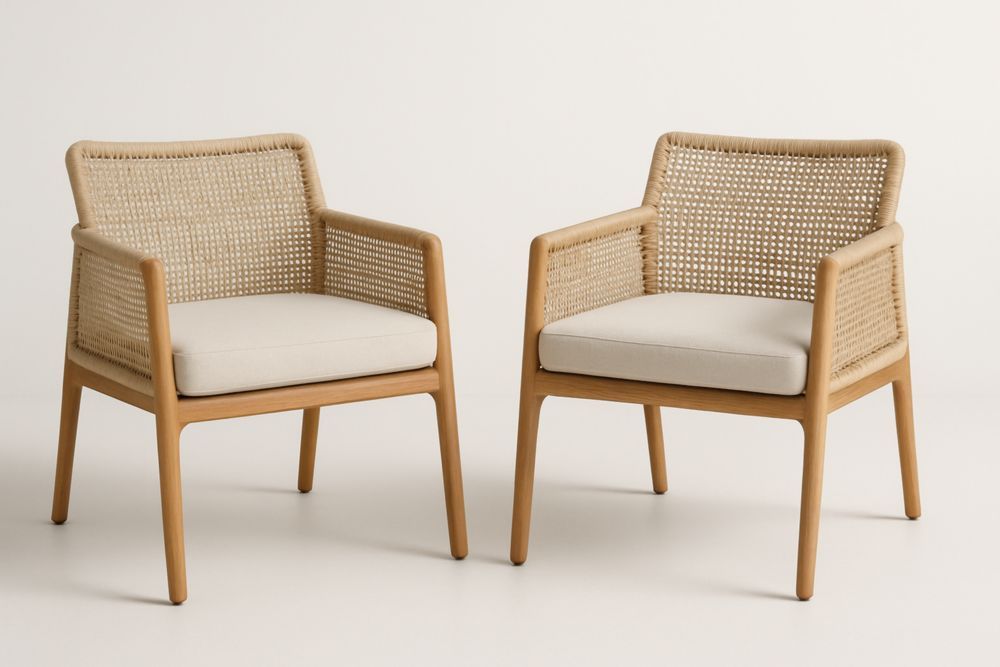 Lot de 2 fauteuils en bois d'acacia et rotin beige coussin polyester