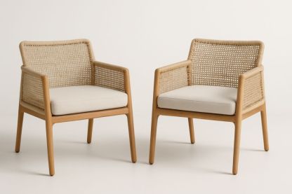 Lot de 2 fauteuils en bois d'acacia et rotin beige coussin polyester