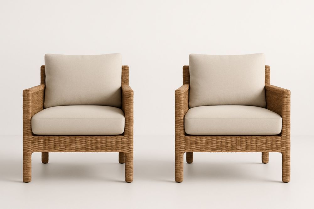 Fauteuil en résine tressée beige avec coussins en polyester, ensemble de 2
