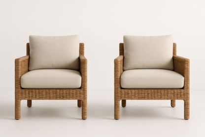 Fauteuil en résine tressée beige avec coussins en polyester, ensemble de 2