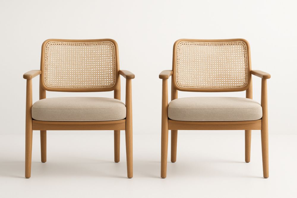 Fauteuil en bois de chêne avec dossier en cannage et coussin en lin - Lot de 2