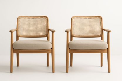 Fauteuil en bois de chêne avec dossier en cannage et coussin en lin - Lot de 2