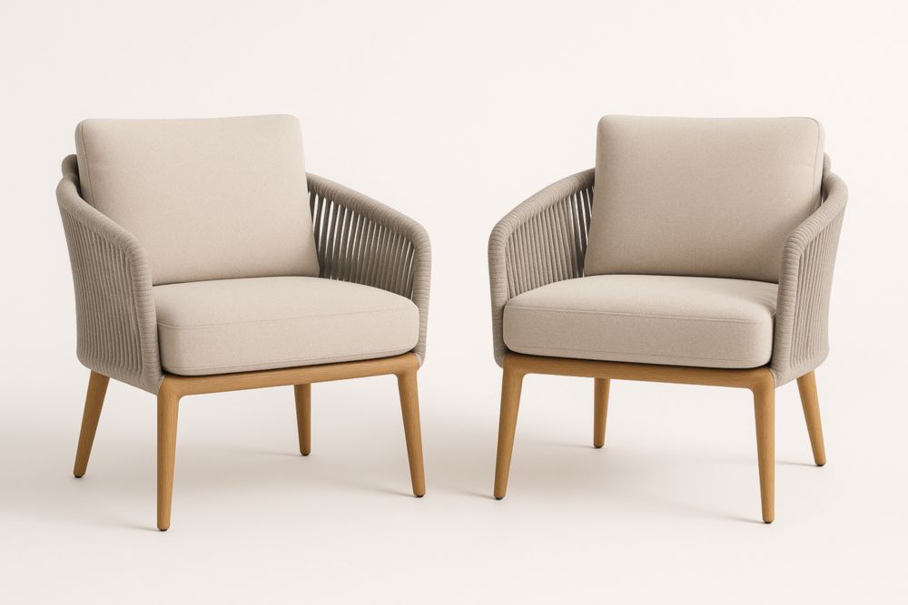 Fauteuil Beige en Coton Polyester et Bois de Chêne Lot de 2