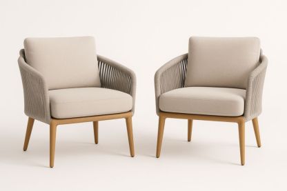 Fauteuil Beige en Coton Polyester et Bois de Chêne Lot de 2