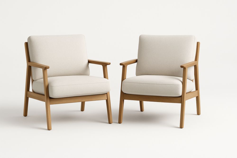 Lot de 2 fauteuils tissu écru structure bois