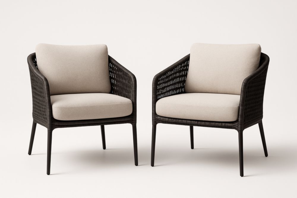 Lot de 2 fauteuils en rotin synthétique noir avec coussins en polyester beige