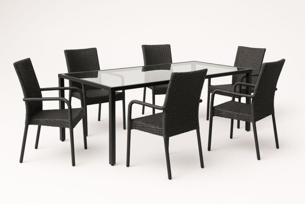 Ensemble Table et Chaises de Jardin en Aluminium et Verre Trempé Noir 6 Places