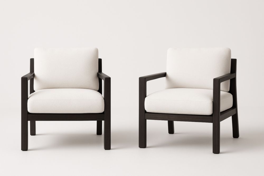 Fauteuil en bois foncé et tissu blanc ensemble 2 pièces