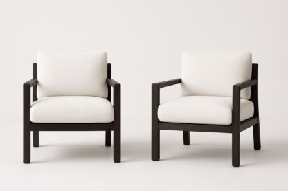 Fauteuil en bois foncé et tissu blanc ensemble 2 pièces