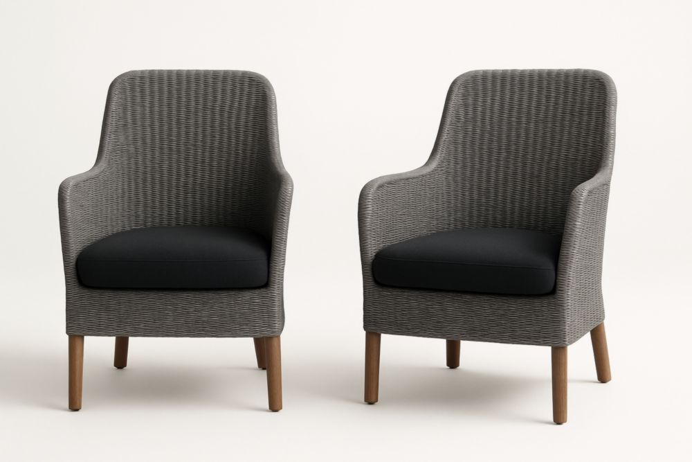 Ensemble de fauteuils en résine tressée gris avec coussin en tissu et pieds en bois