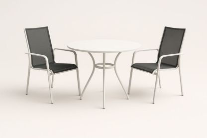 Ensemble table ronde blanche en métal avec 2 chaises en tissu noir