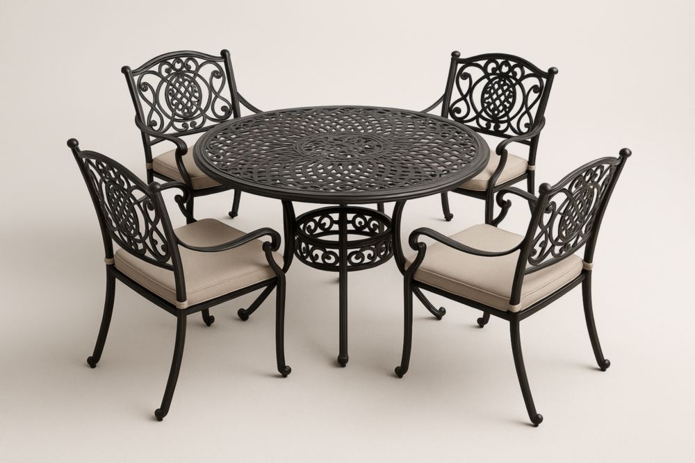 Table de Jardin Ronde en Métal avec 4 Chaises en Coussins Beiges