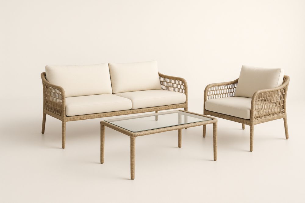 Ensemble de salon en rotin synthétique avec coussins en polyester et table basse en verre