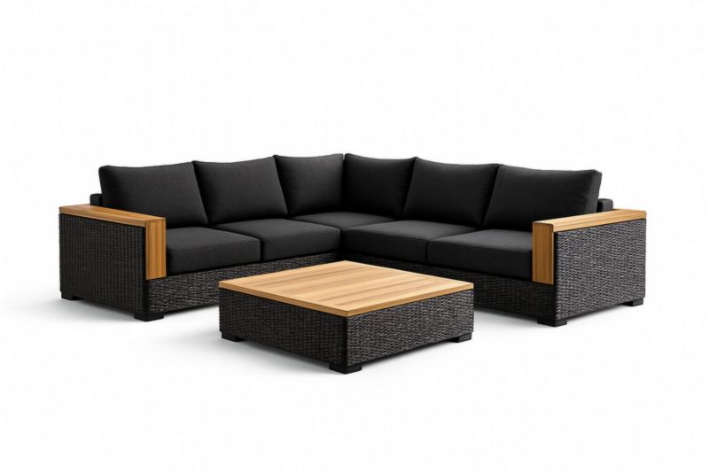 Canapé d'angle en osier synthétique avec surface en bois et coussins noirs