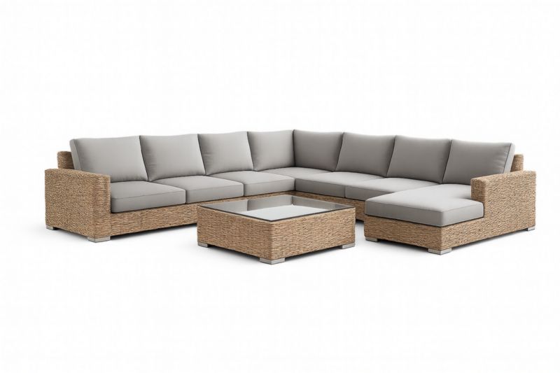 Canapé d'angle modulable en résine tressée avec table basse en verre trempé