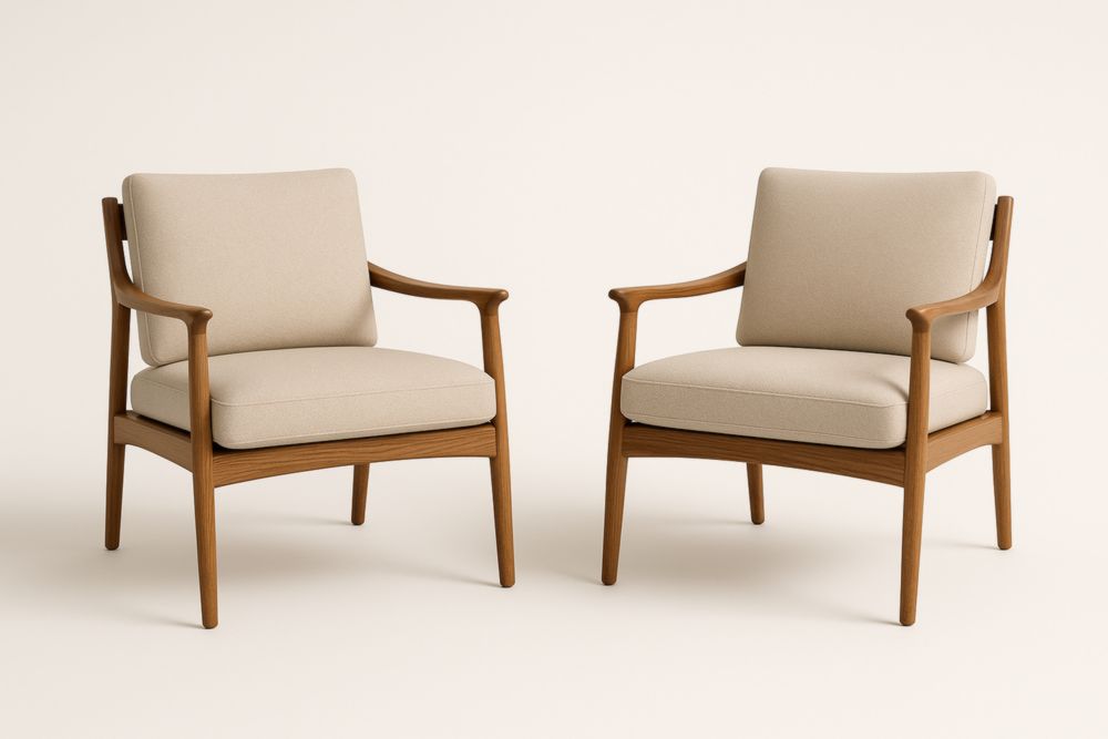 Lot de 2 fauteuils en bois avec tissu beige