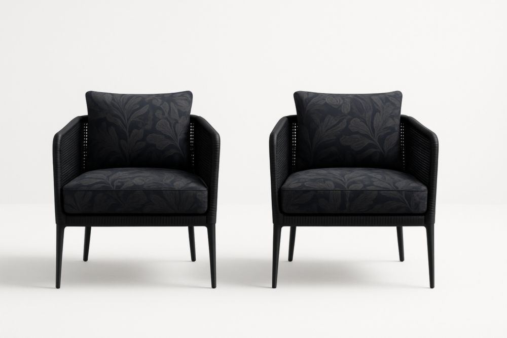 Fauteuils 2 pièces tissu noir à motifs structure métallique 75x80x85 cm