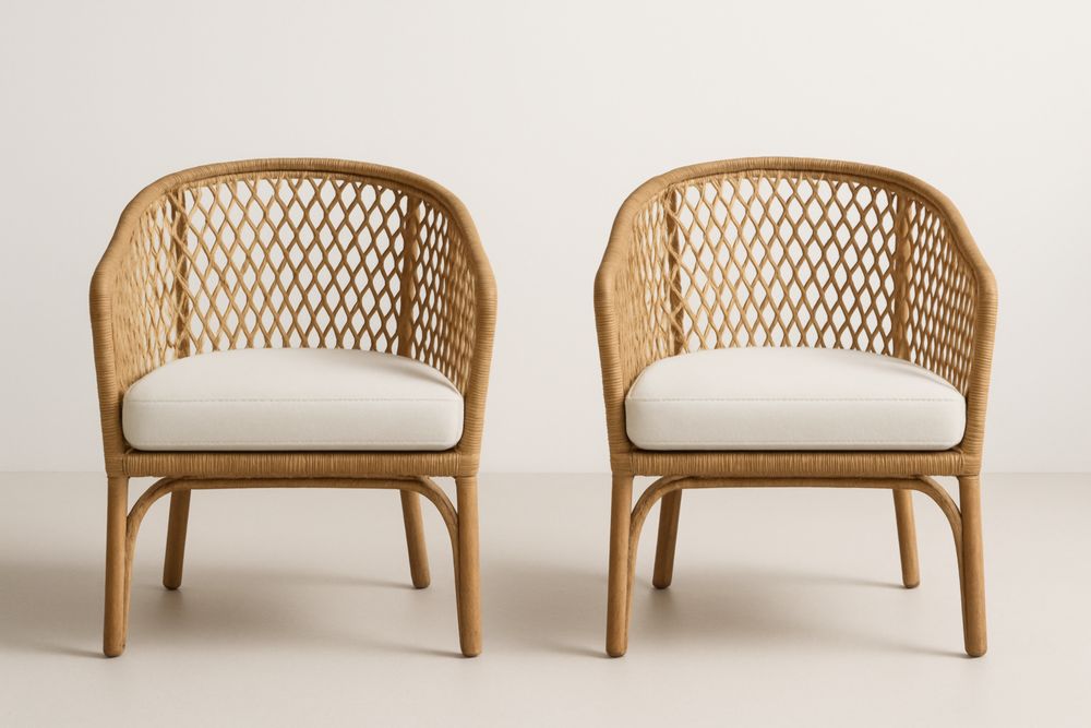 Lot de 2 fauteuils en rotin synthétique beige avec coussin en mousse