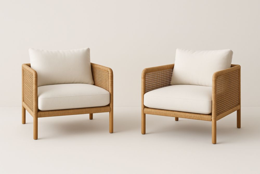 Ensemble de 2 Fauteuils en Bois et Rotin avec Coussins Crème