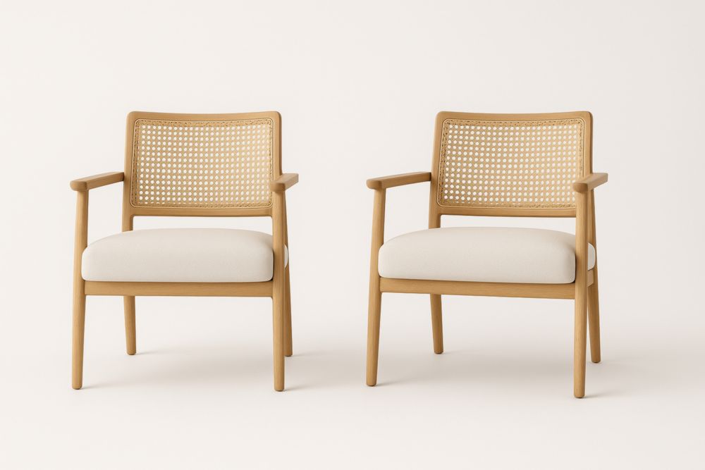 Lot de Deux Fauteuils en Bois avec Dossier en Rotin et Assise Beige
