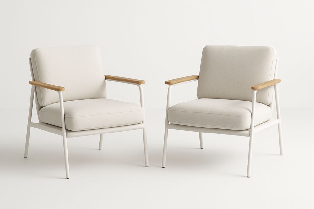 Paire de fauteuils en tissu avec accoudoirs en bois et cadre métallique blanc