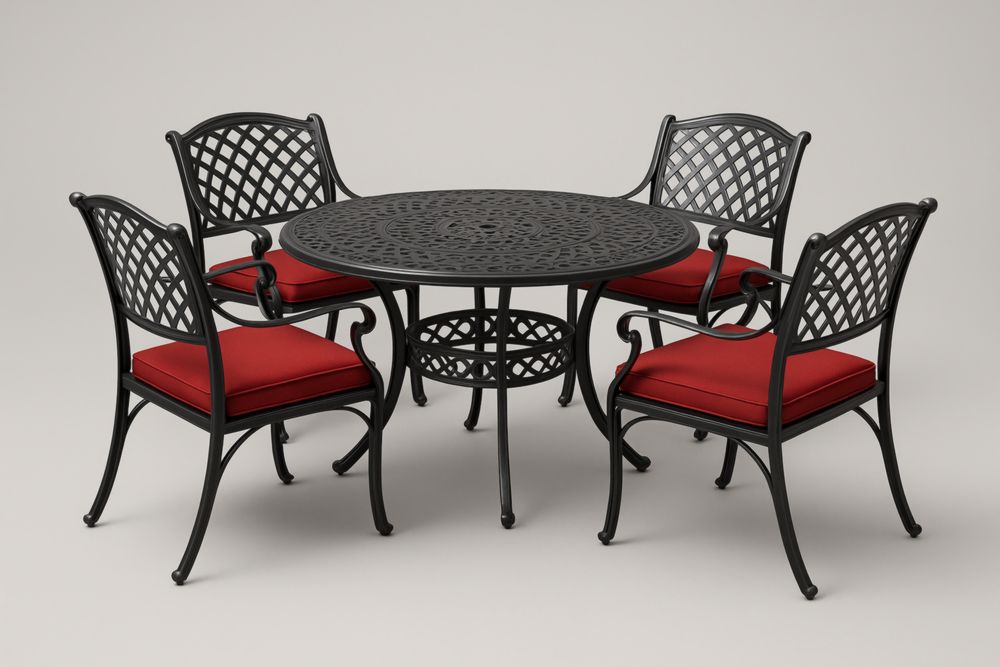 Ensemble de jardin en aluminium noir avec table ronde et 4 chaises à coussins rouges