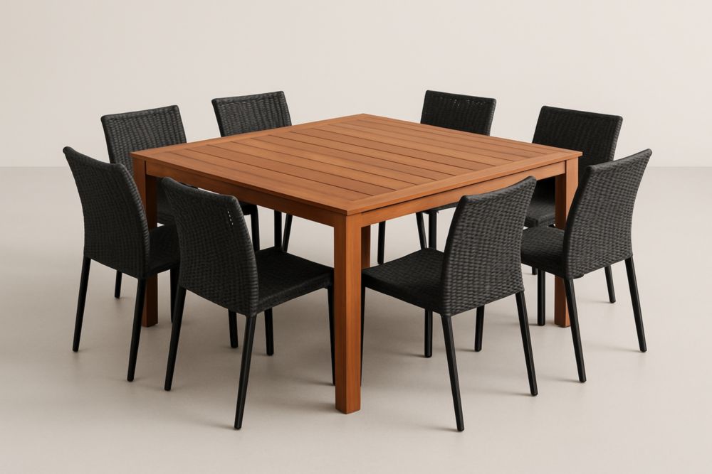 Ensemble Table Carrée en Bois d'Acacia et 8 Chaises en Résine Noire