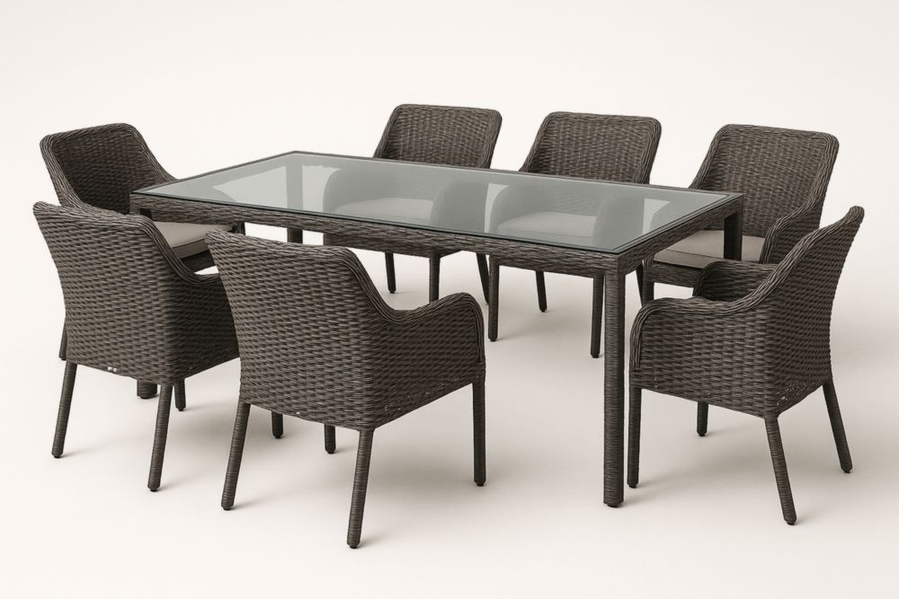 Table en résine tressée avec plateau en verre trempé et 7 chaises