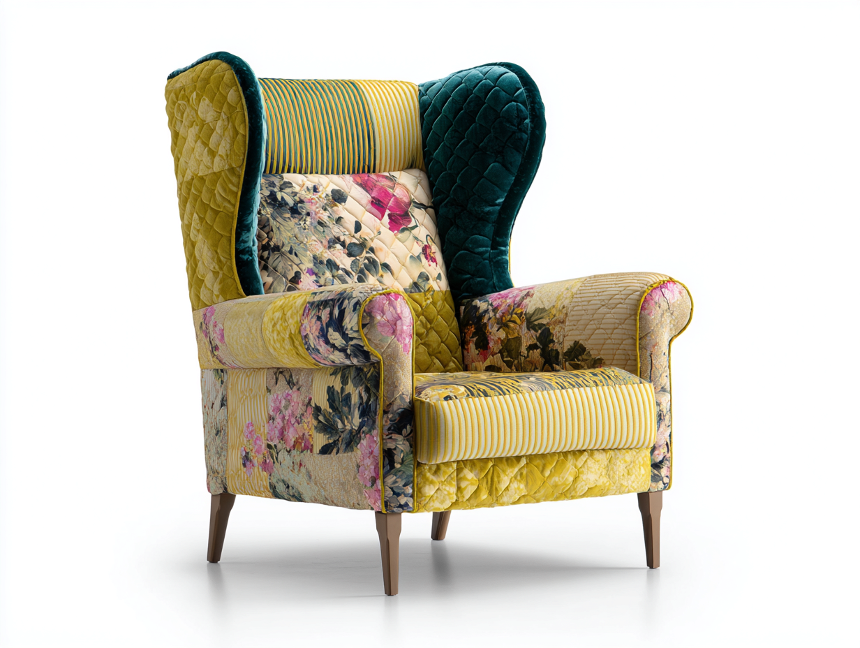 Sillón orejero - Tela-Madera - 92x96x112 cm - Amarillo/Verde/Multicolor - estilo ecléctico-Cozygetyard