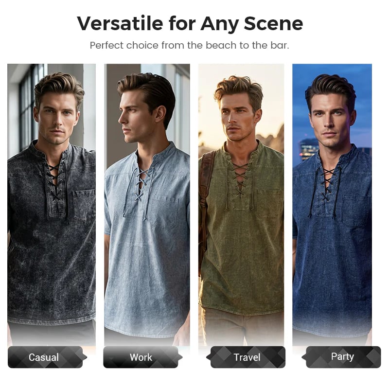 🌸Spring sale: 50% off👕Men Gothic Retro T-Shirt, Lace-up V-neck, Linen Pocket