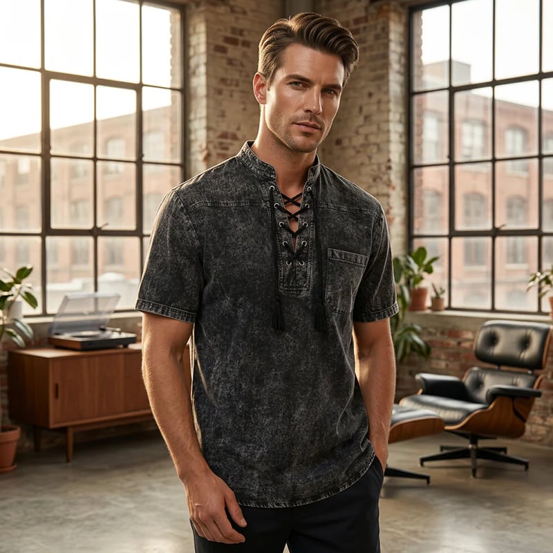 🌸Spring sale: 50% off👕Men Gothic Retro T-Shirt, Lace-up V-neck, Linen Pocket