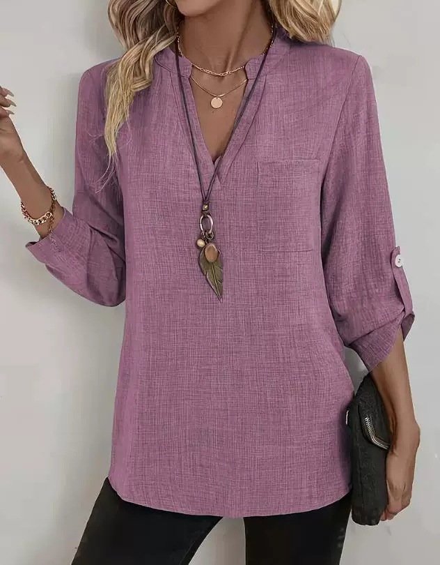 Women's Three Quarter Sleeve Shirt Spring/Fall Apricot Plain Split Joint V Neck Daily Going Out Casual Top