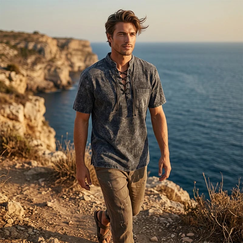 🌸Spring sale: 50% off👕Men Gothic Retro T-Shirt, Lace-up V-neck, Linen Pocket