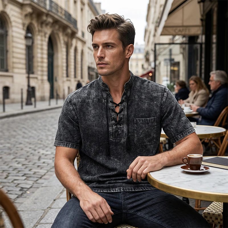 🌸Spring sale: 50% off👕Men Gothic Retro T-Shirt, Lace-up V-neck, Linen Pocket