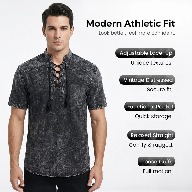 🌸Spring sale: 50% off👕Men Gothic Retro T-Shirt, Lace-up V-neck, Linen Pocket