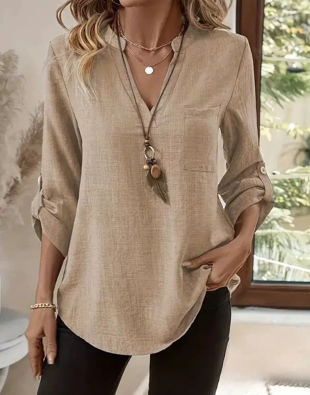 Women's Three Quarter Sleeve Shirt Spring/Fall Apricot Plain Split Joint V Neck Daily Going Out Casual Top