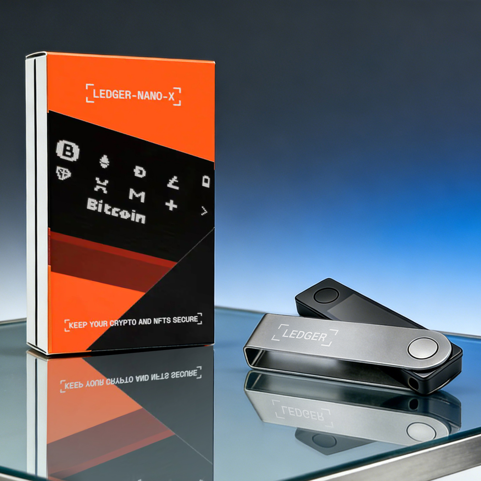 Ledger Nano X Bluetooth Crypto Hardware Wallet With Original Packaging Box on Reflective Surface