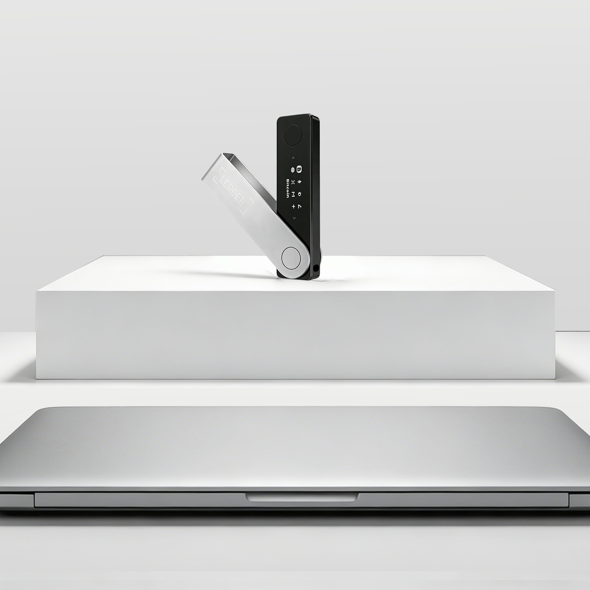 Ledger Nano X Bluetooth Crypto Hardware Wallet on White Display Stand