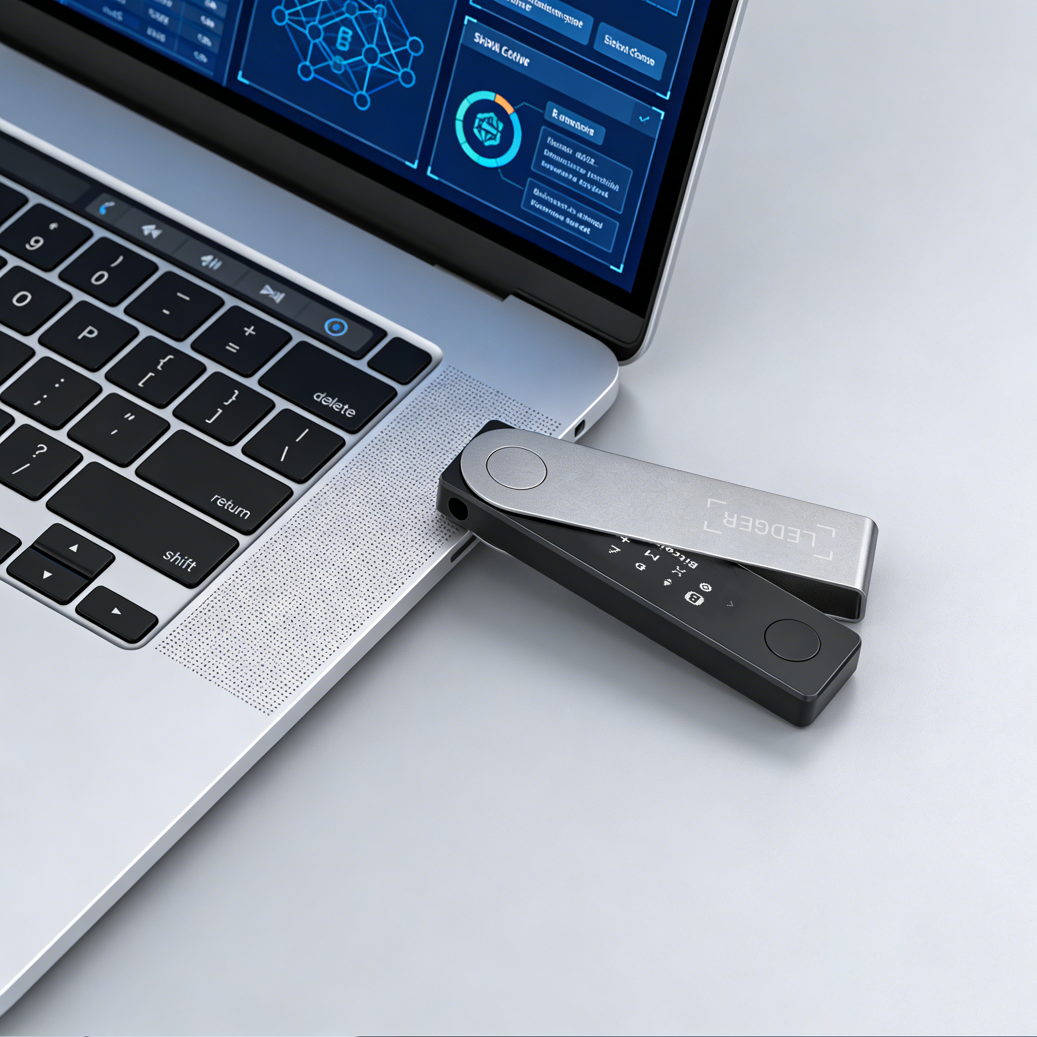 Ledger Nano X Bluetooth Crypto Hardware Wallet on Laptop With Security Interface on Screen