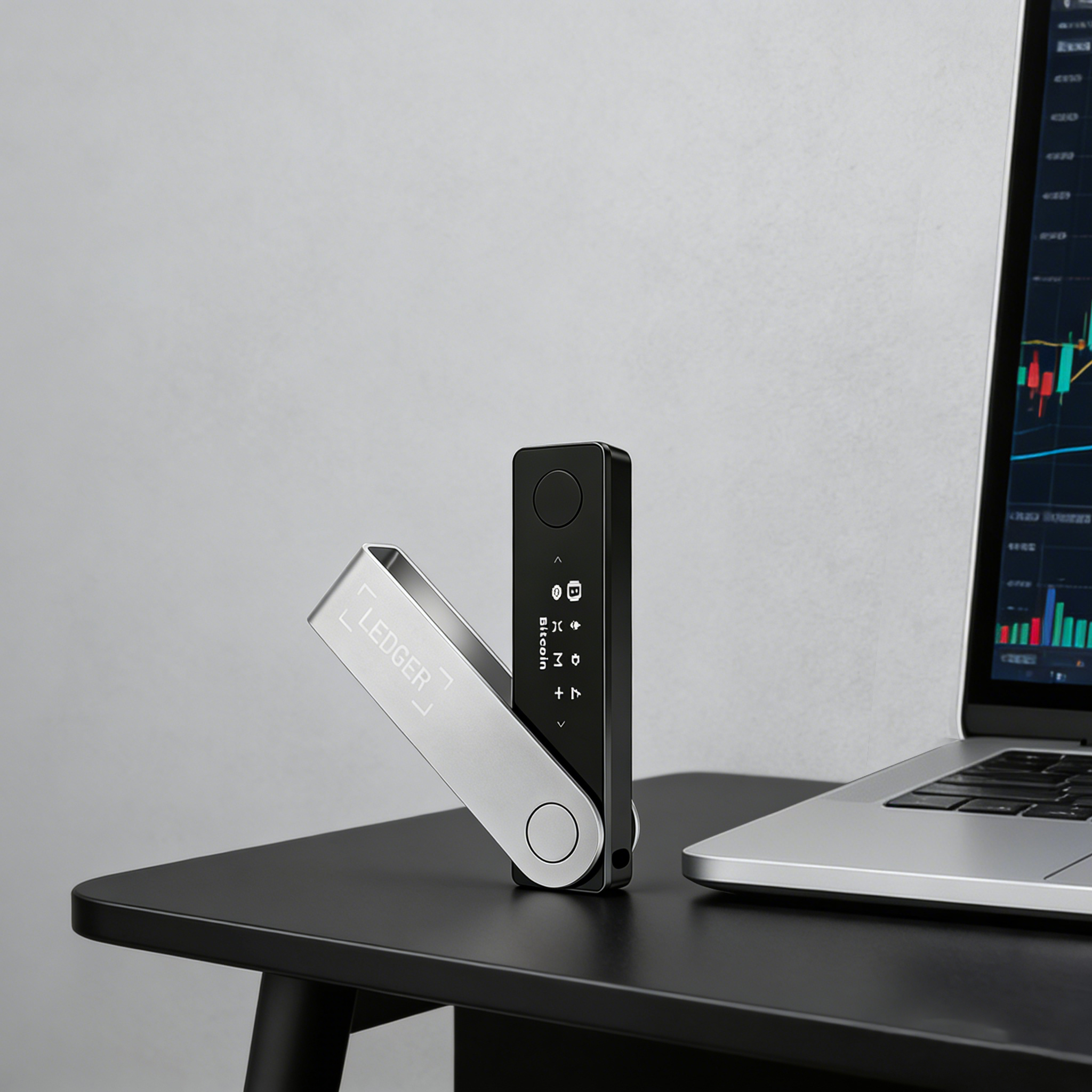 Ledger Nano X Bluetooth Crypto Hardware Wallet on Desk With Laptop Showing Crypto Trading Chart