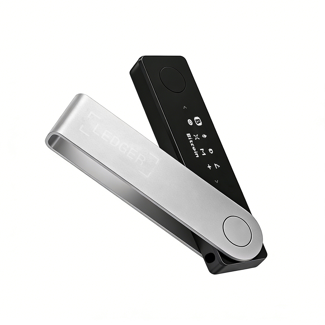 Ledger Nano X Bluetooth Crypto Hardware Wallet Side View Displaying Bitcoin on Screen